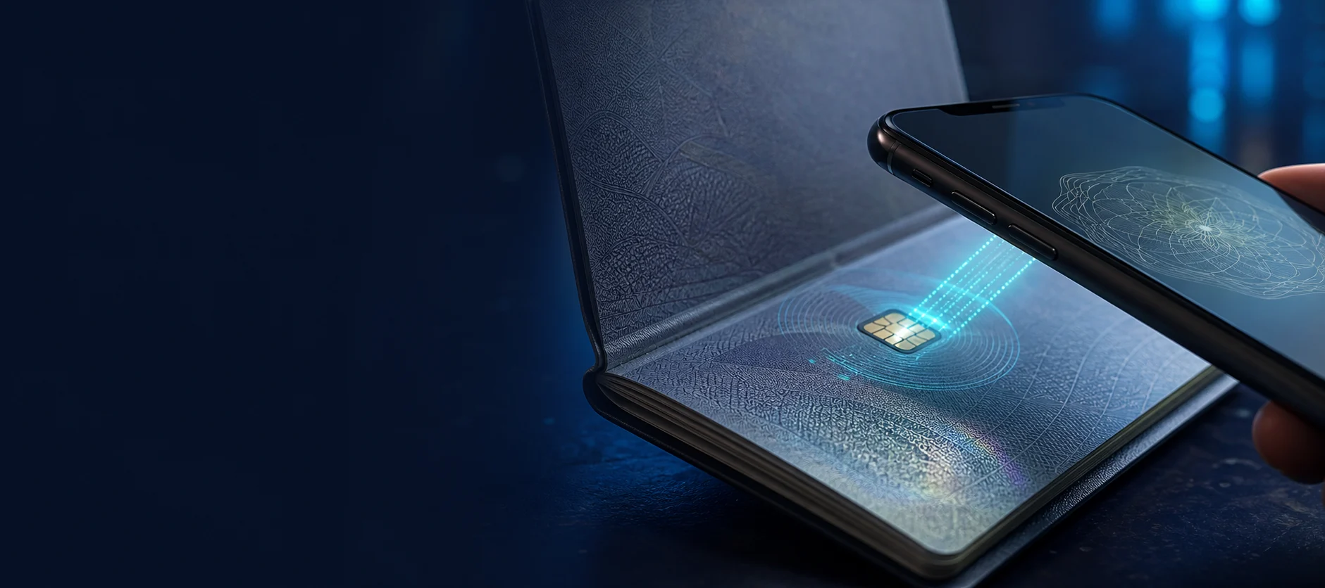 Smartphone reading the secure NFC chip inside an electronic passport
