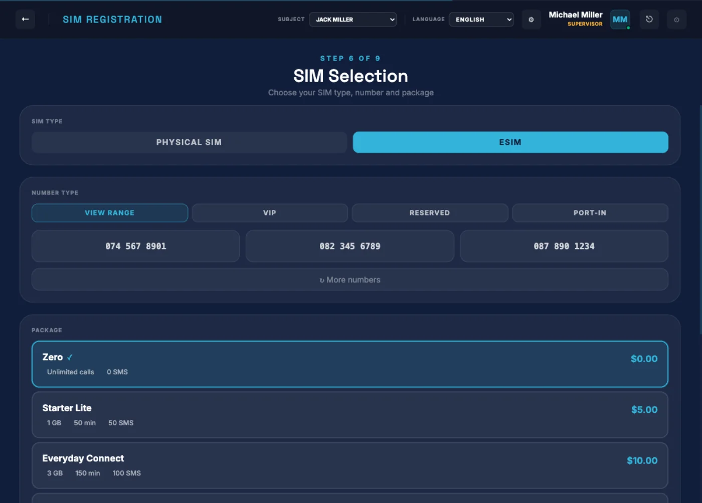 SIM selection screen showing eSIM chosen, live number ranges including VIP, reserved and port-in, and package options