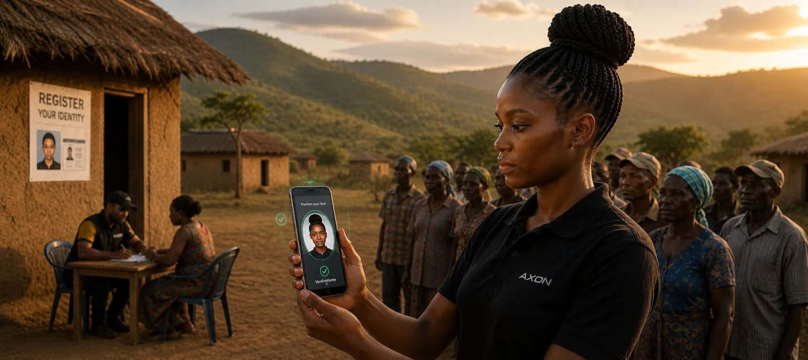 An Axon field agent verifying an identity on a smartphone in a rural community