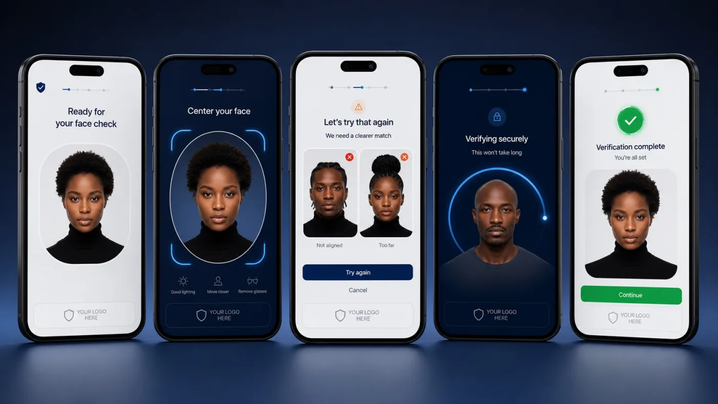A verification journey shown across five phone screens carrying a customer's own branding — face check, capture, retry, verifying and verification complete