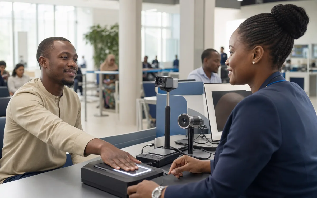 Officer guiding a citizen through face and fingerprint biometric enrolment