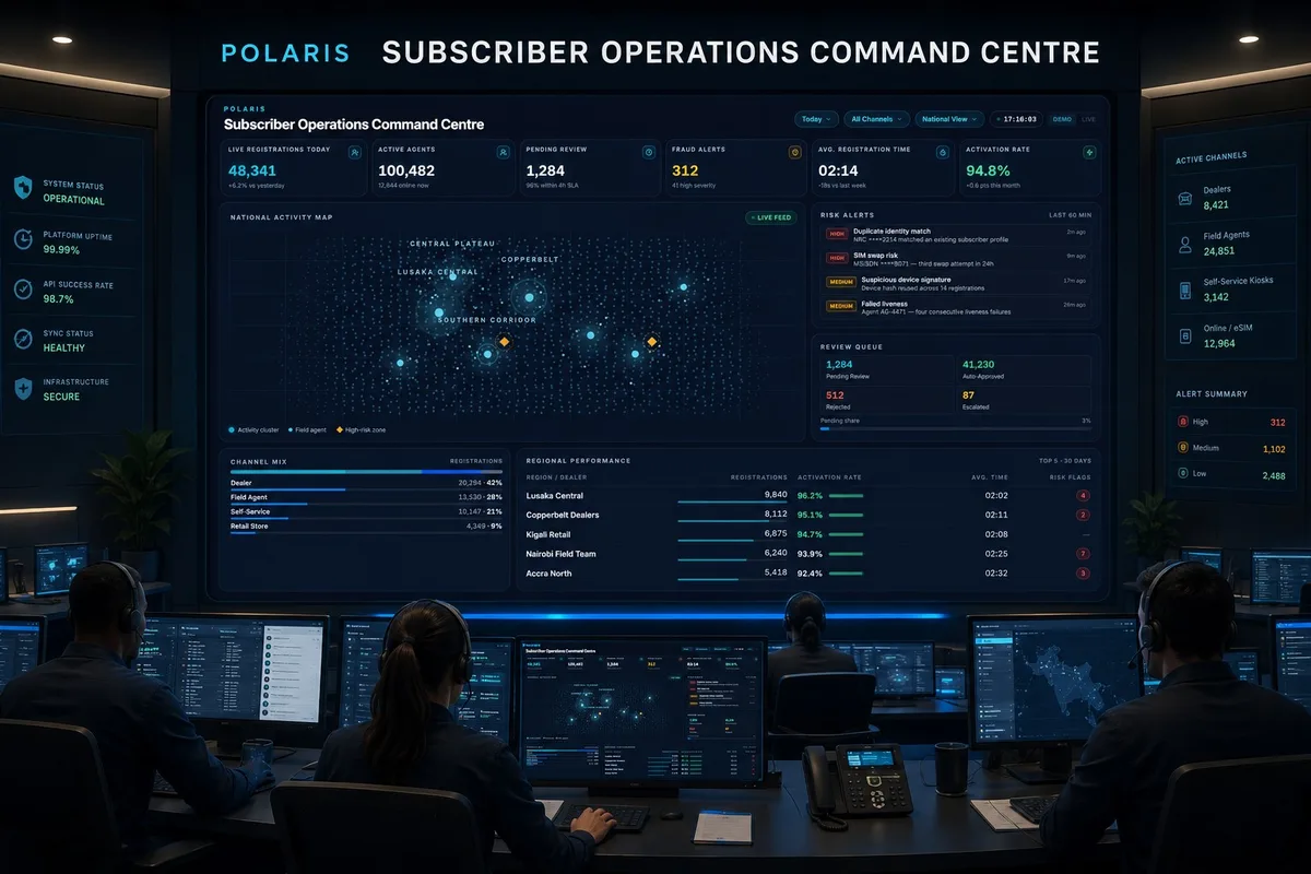 Subscriber operations command centre monitoring activation performance and fraud alerts