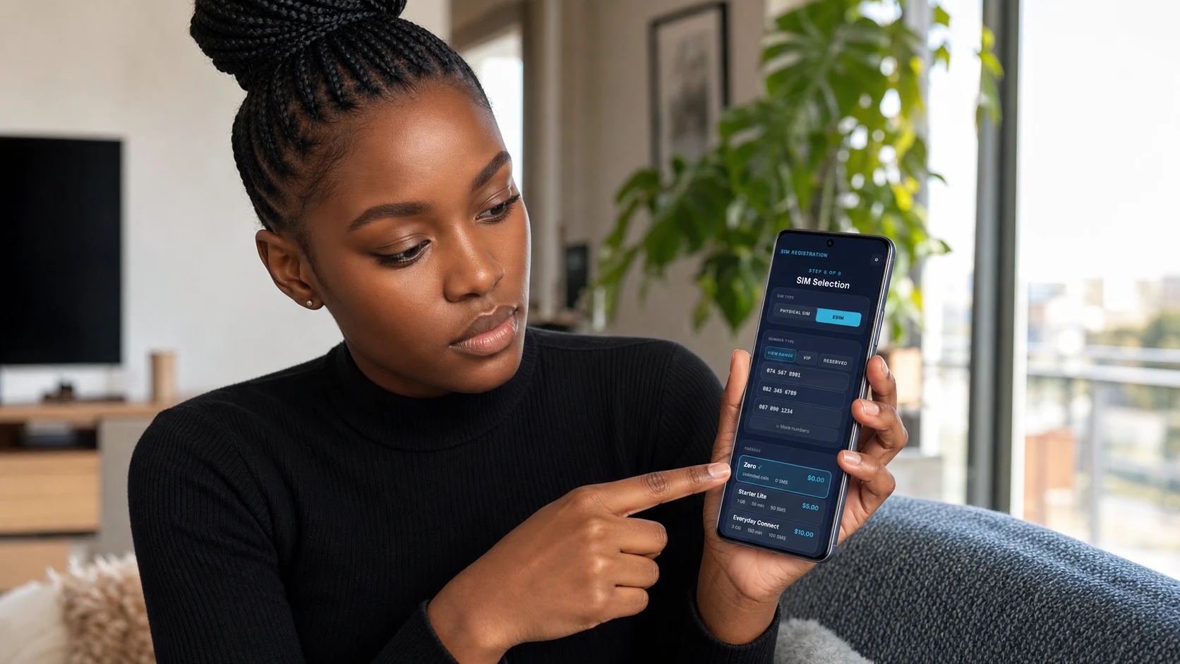 Lerato self-registering on a Samsung-style phone using the AXON eSIM, number and package selection journey
