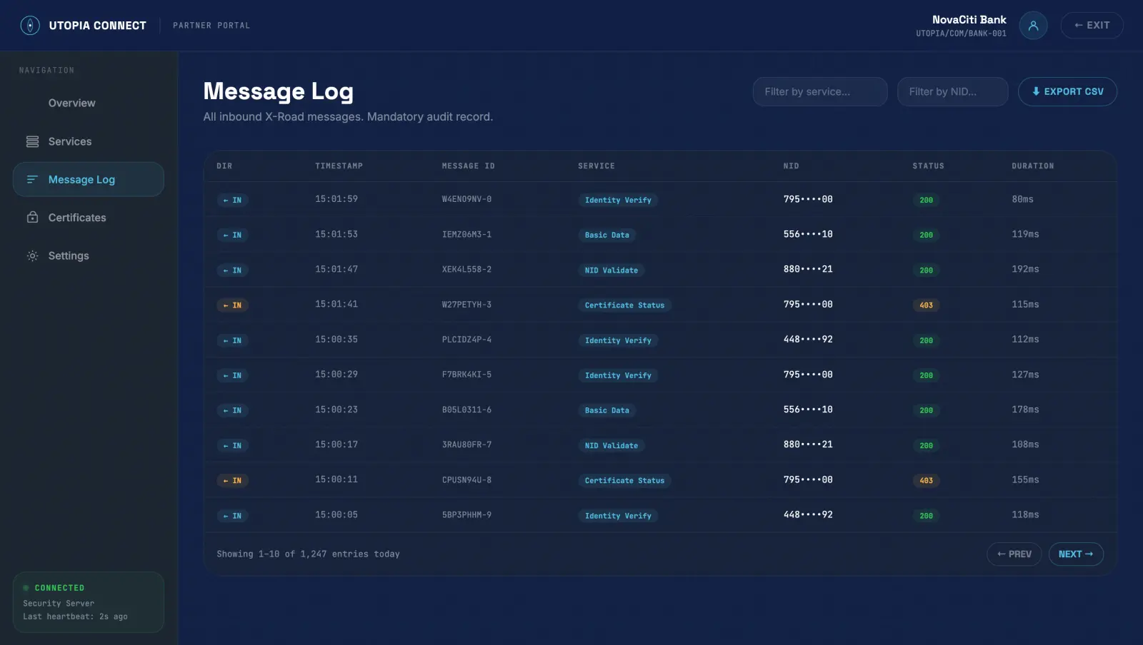 X-Bridge partner portal message log with masked national IDs and response codes