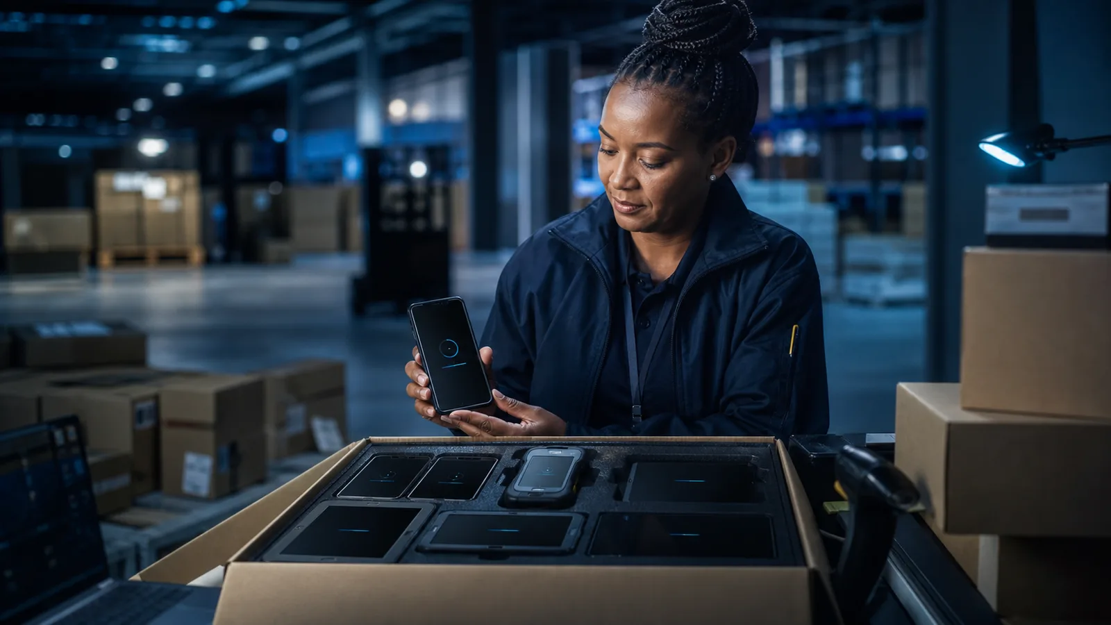 Axon deployment professional powering on a new Android device beside a mixed fleet of smartphones, tablets and rugged handhelds