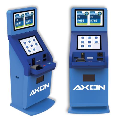 dark/light blue biometric kiosk that can dispense SIM cards